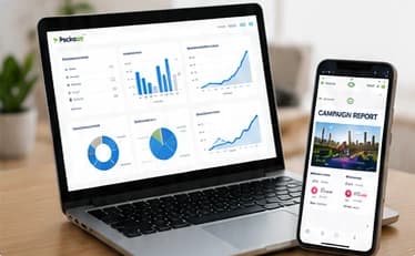 Campaign report dashboard on laptop and phone